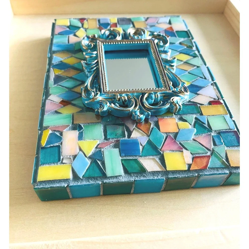 Stained Glass Mosaic Mirror Frame Colorful Handmade Glass Tile Boho Decor 8x6